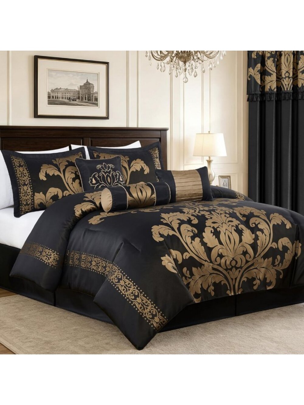 Chezmoi Collection 7-Piece Royale Jacquard Floral Comforter Set, Full/Double